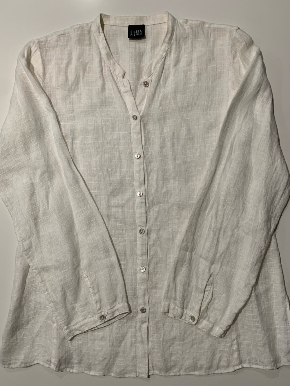 Eileen Fisher White Organic Handkerchief Linen Mandarin Collar Shirt, Fits Small - Picture 3 of 11